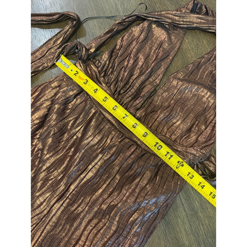 12th Tribe Metallic Bronze Pleated Wide Leg Jumpsuit Deep V Wrap Back XS - Picture 5 of 7